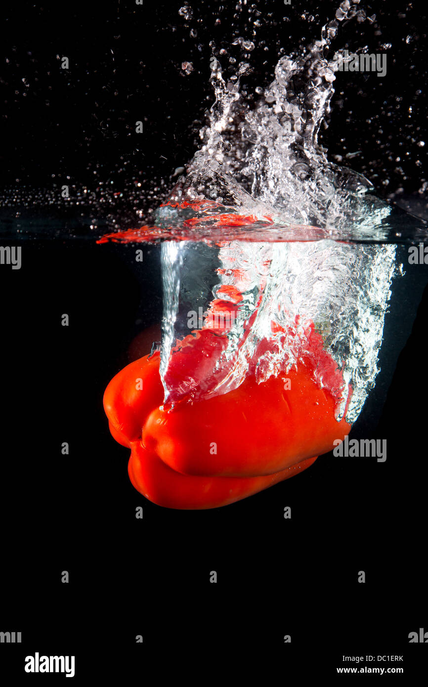 Pimentón rojo dulce chapotear en el agua sobre fondo negro Foto de stock