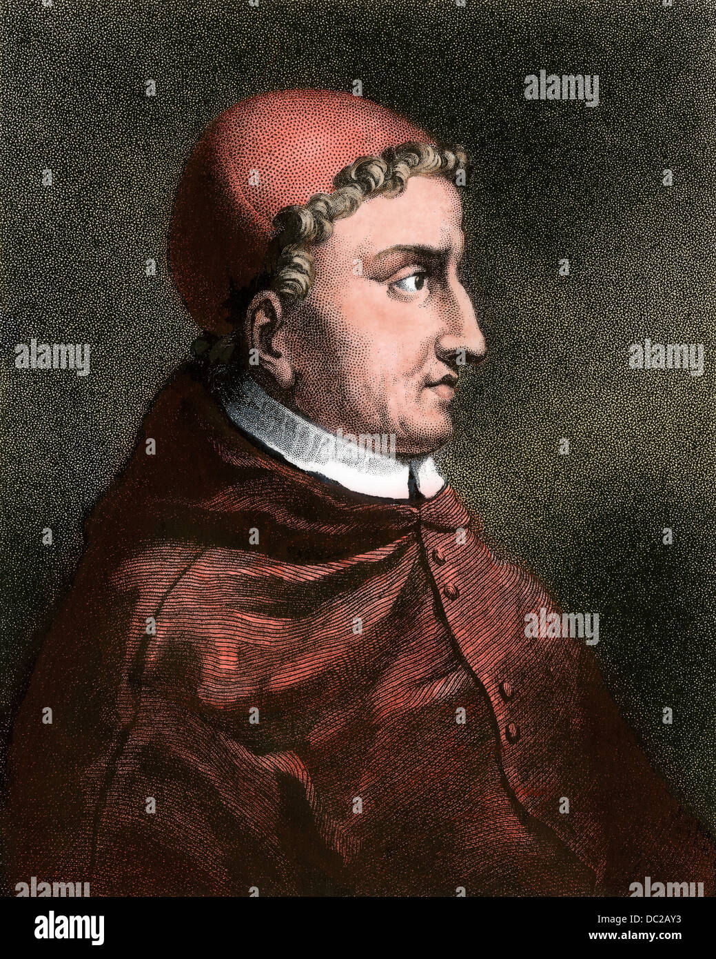 El cardenal Ximenes de España. Grabado pintado a mano Foto de stock