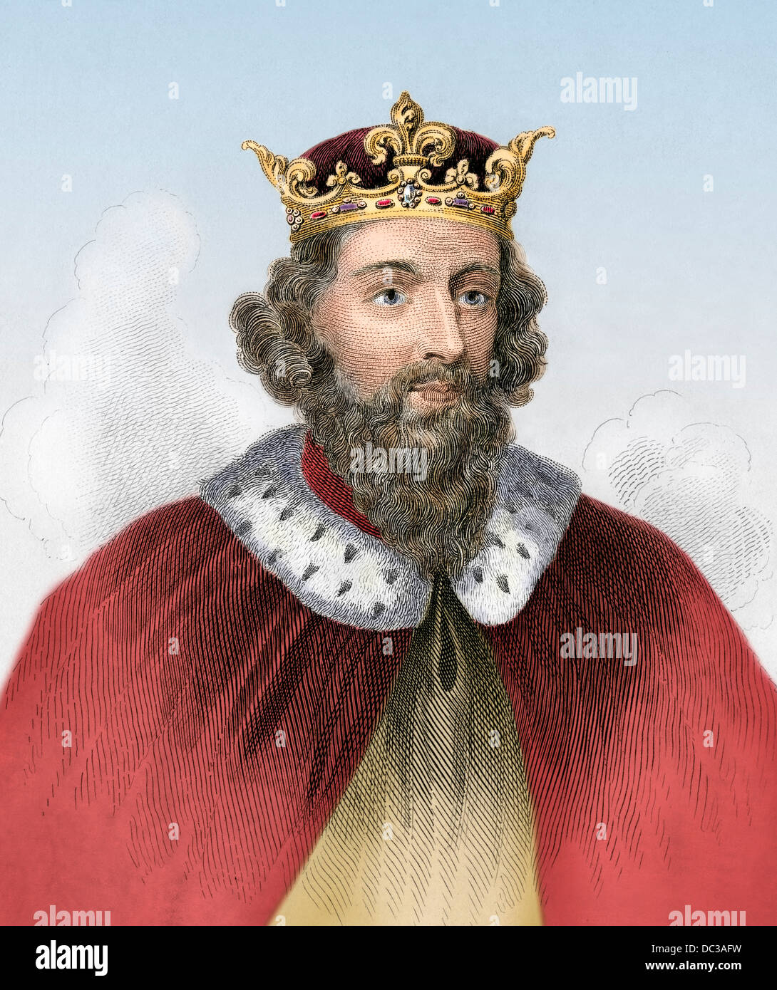 Alfredo el Grande, rey de Wessex, 800s D.C. xilografía coloreada a mano Foto de stock