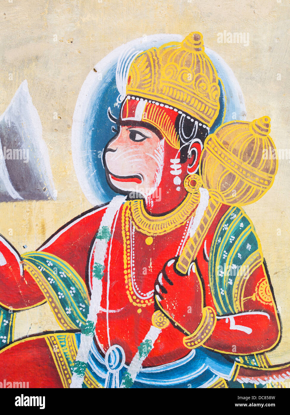 Hanuman, deidad hindú, y murales pintados en los edificios situados en las orillas del río Ganges - Varanasi, Uttar Pradesh, India Foto de stock