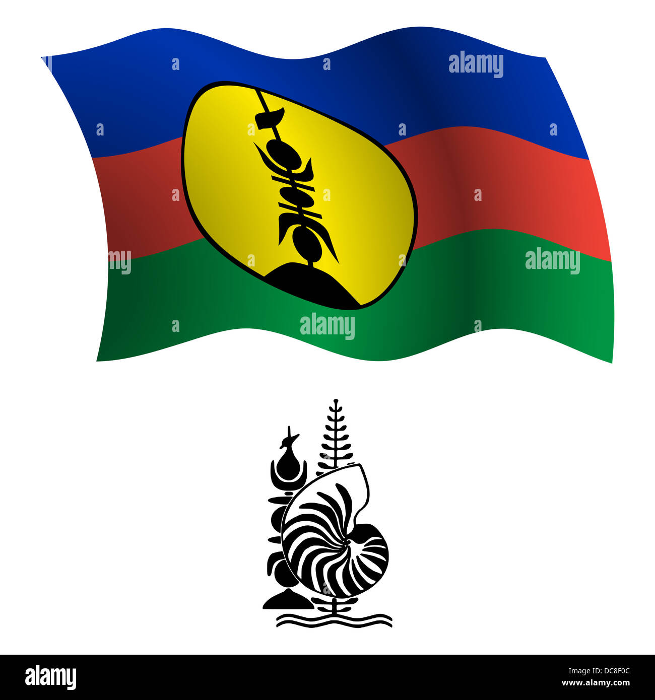 Nueva Caledonia ondulada, Bandera y escudo contra fondo blanco