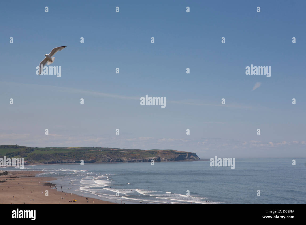 Vistas a la bahía de Whitby con una gaviota volando en el cielo azul brillante. Foto de stock