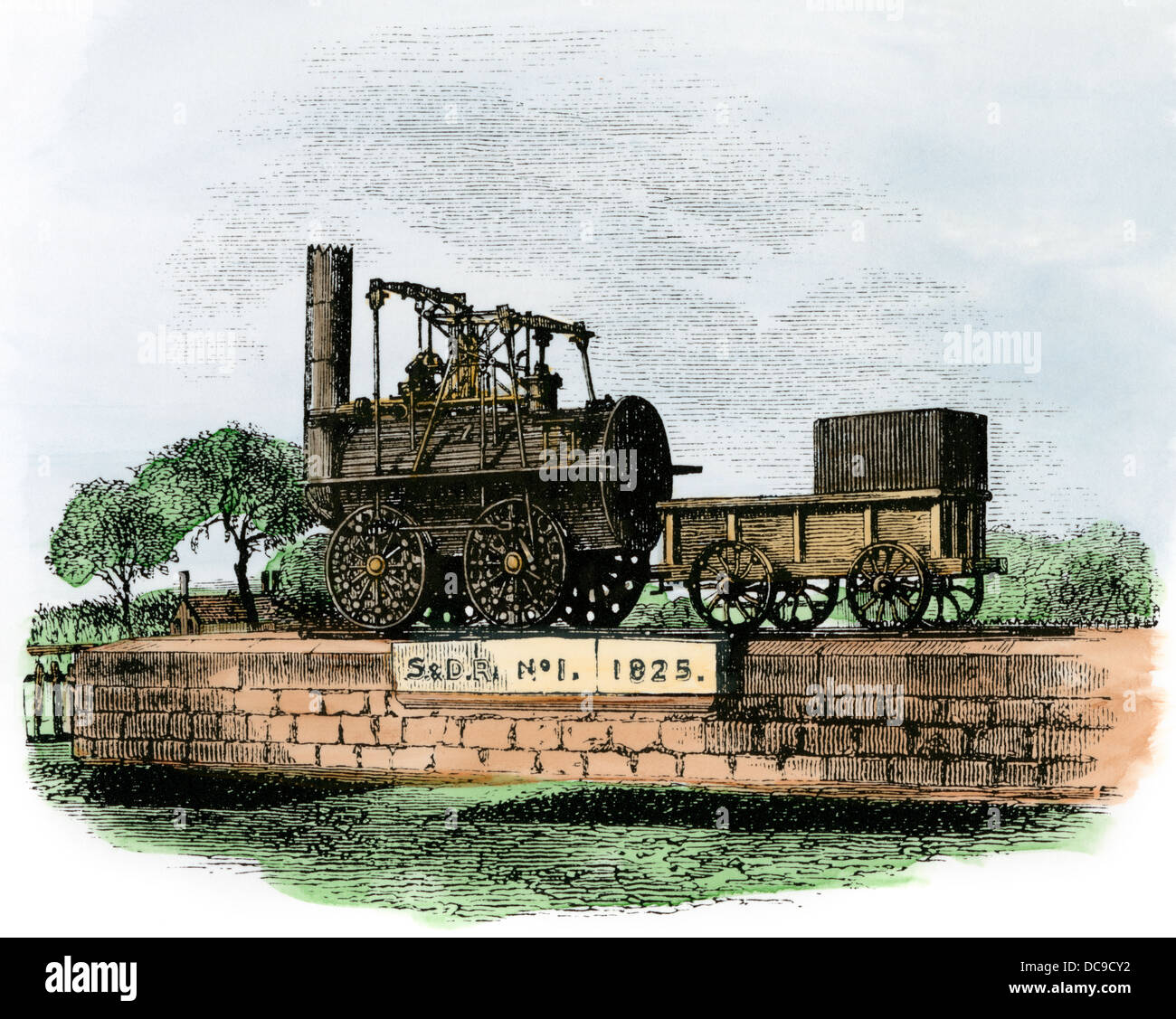 George Stephenson la locomotora número uno del motor en Darlington, Inglaterra, 1825. Xilografía coloreada a mano Foto de stock
