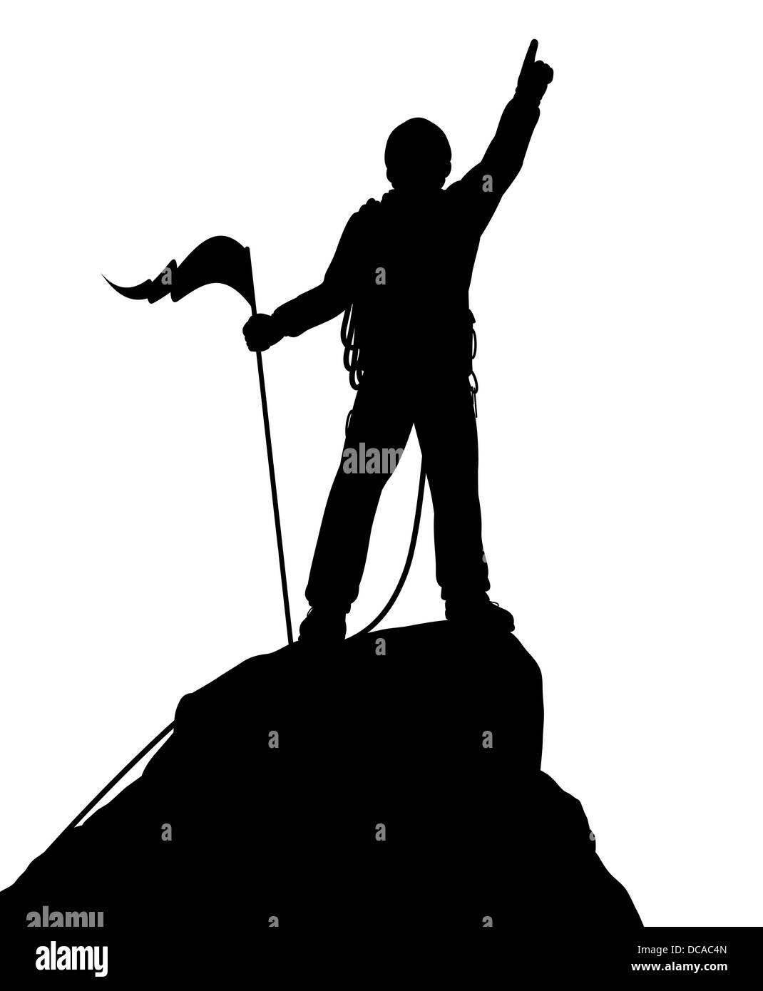 Se ilustra la silueta de un escalador exitoso en la cima de una montaña Foto de stock