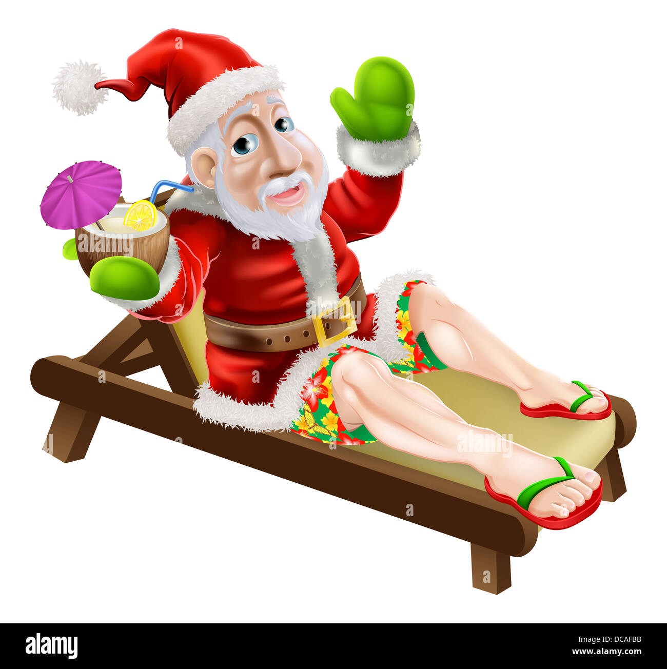 Santa Claus en caliente relajantes vacaciones de Navidad en la tumbona en la playa o en la piscina a bordo pantalones cortos y sandalias flip flop bebiendo Fotografía de stock -