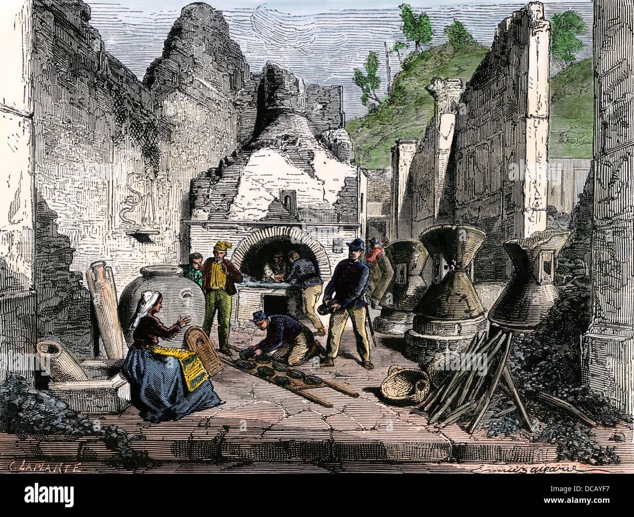 Los arqueólogos descubrieron una pan-horno entre las ruinas de Pompeya, de 1880. Xilografía coloreada a mano Foto de stock