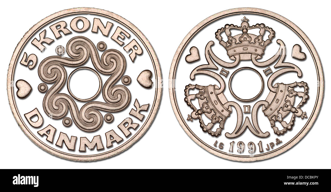 Moneda de 5 Coronas danesas desde 1991 - Detalles digitalmente y recorte añadido de sombra Foto de stock