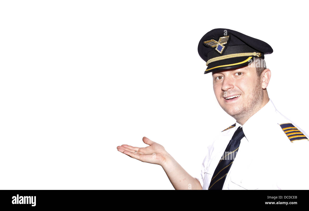 El capitán de la aeronave, saluda a los pasajeros sobre fondo blanco. Foto de stock