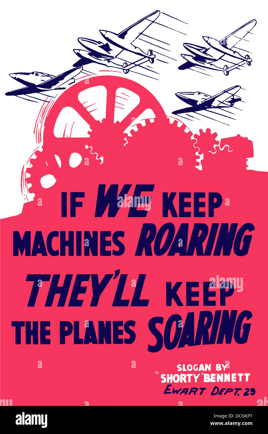 Póster de la II Guerra Mundial la fábrica de engranajes girando como aviones de caza volar por el cielo. Foto de stock
