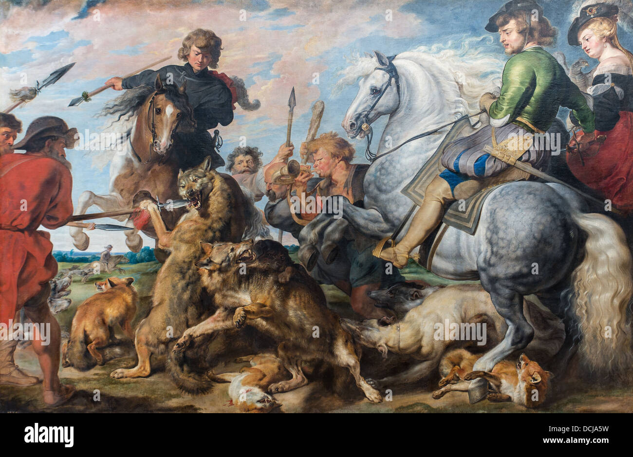 Siglo 17 - Wolf y Fox Hunt - Pedro Pablo Rubens (1616) - Museo Metropolitano de Arte, Nueva York, óleo sobre lienzo Foto de stock