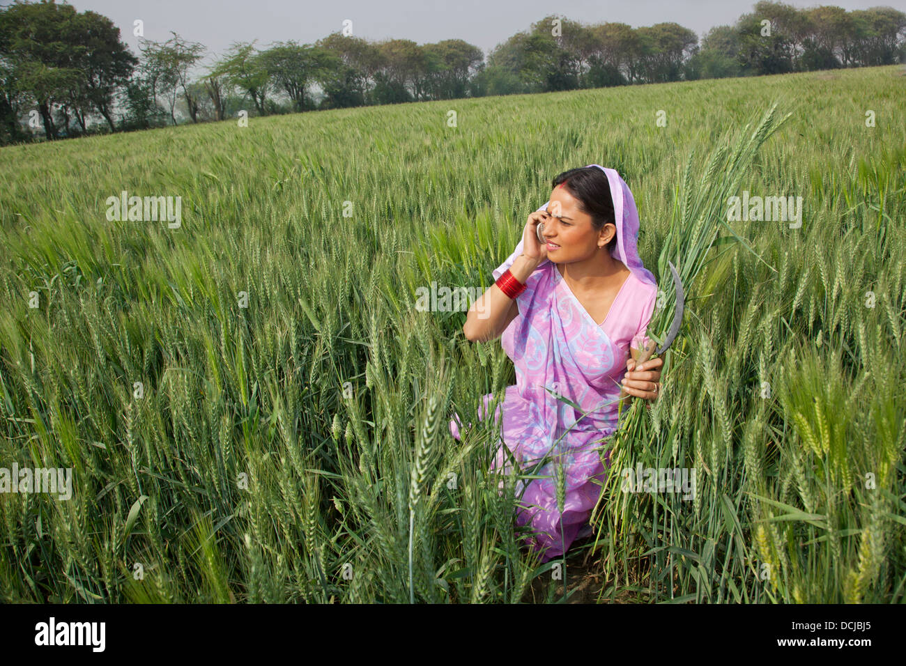 Indian trabajadora agrícola hablando por teléfono celular mientras trabaja en el campo Foto de stock