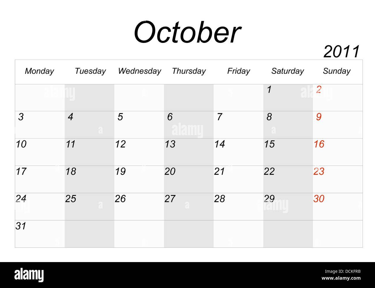 Calendario de 2011, el mes de octubre Fotografía de stock Alamy