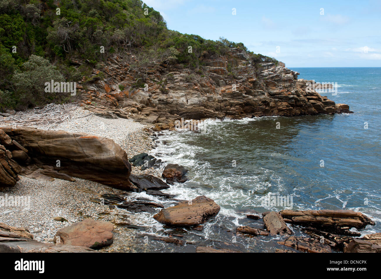 Un litoral accidentado, Tsitsikamma, la Ruta Jardín, Sudáfrica Parque Nacional Foto de stock