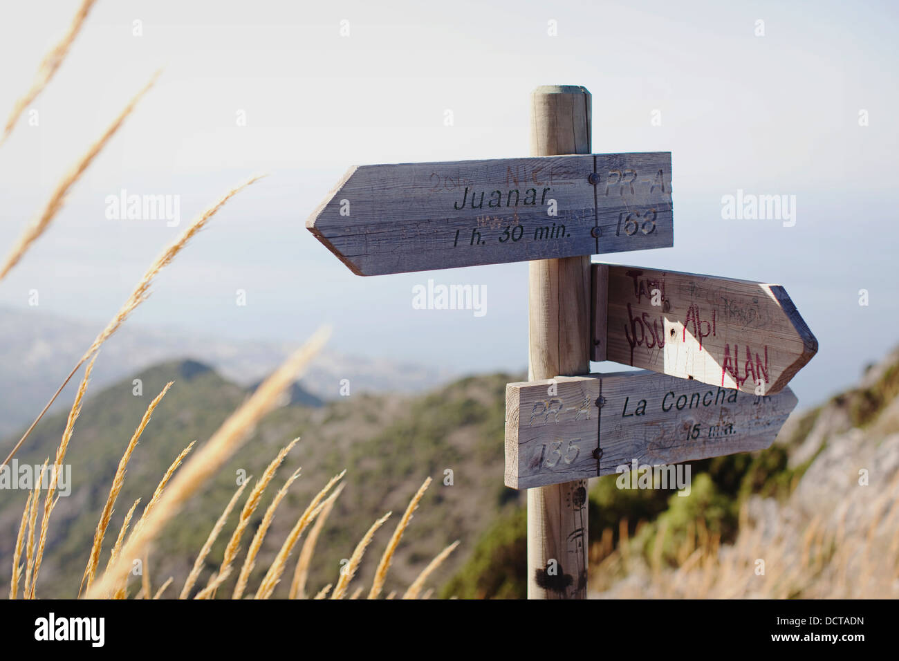 Dirección y distancia de madera signos; Marbella, Málaga, Andalucía, España Foto de stock