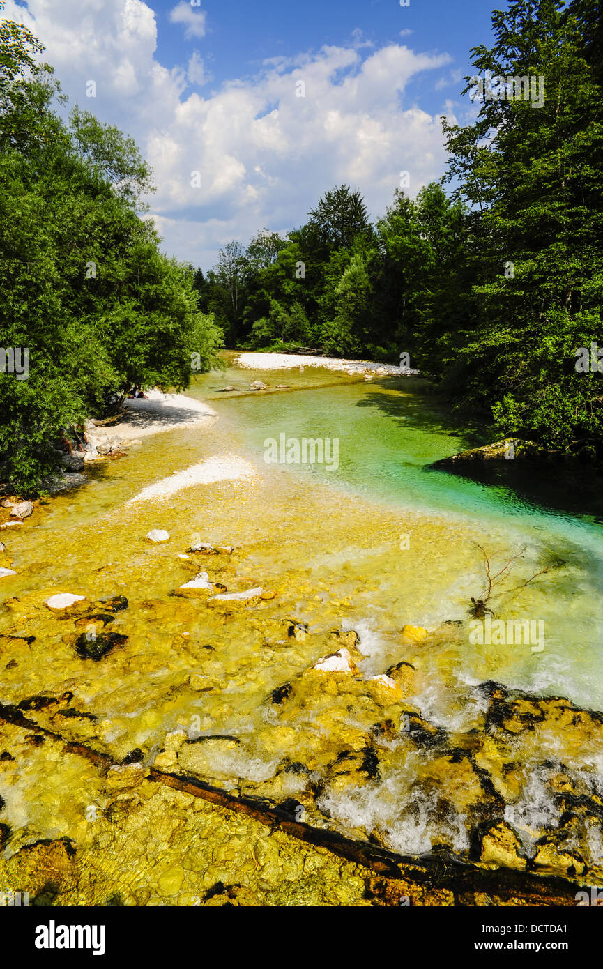 River, en Eslovenia, el Parque Nacional de Triglav, Bohinjsko jezera Foto de stock
