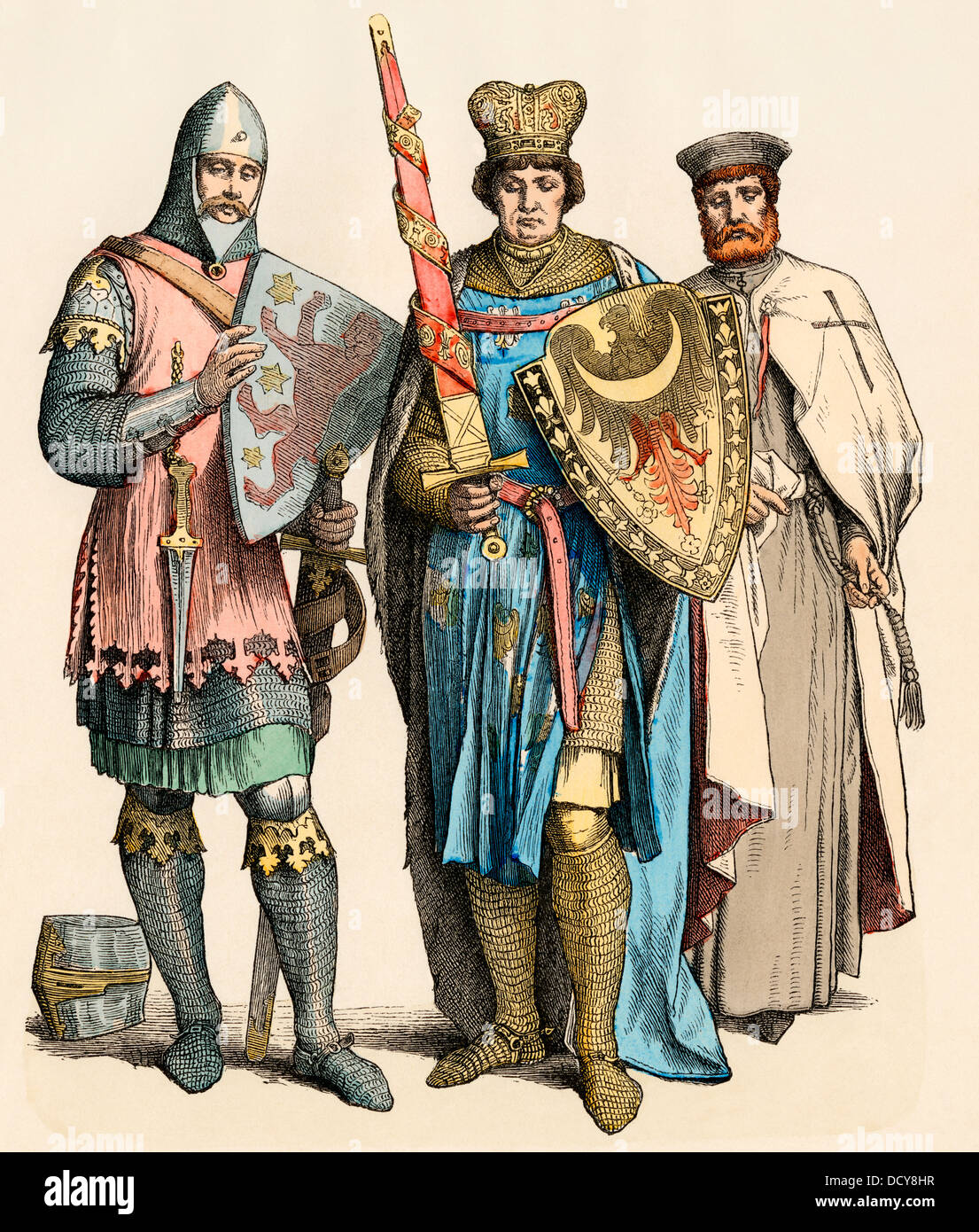 Caballero Medieval, el príncipe y caballero templario (izquierda-derecha). Mano de color imprimir Foto de stock