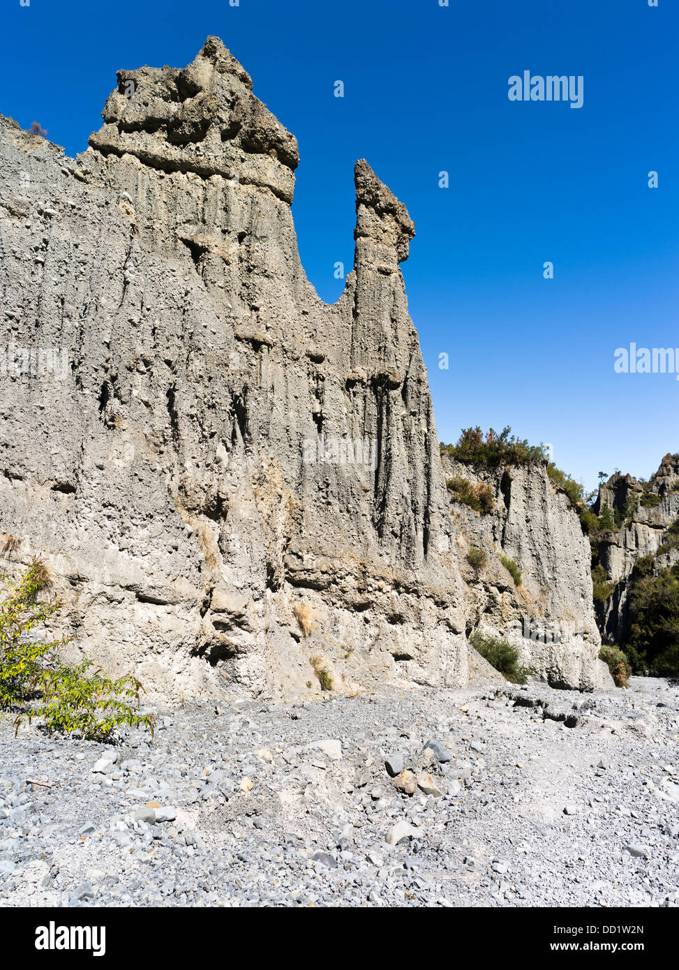 dh Putangirua Pinnacles WAIRARAPA NUEVA ZELANDA Geológica acantilado formación de rocas pilares tierra cordillera Aorangi valle acantilados geología paisaje rocoso Foto de stock