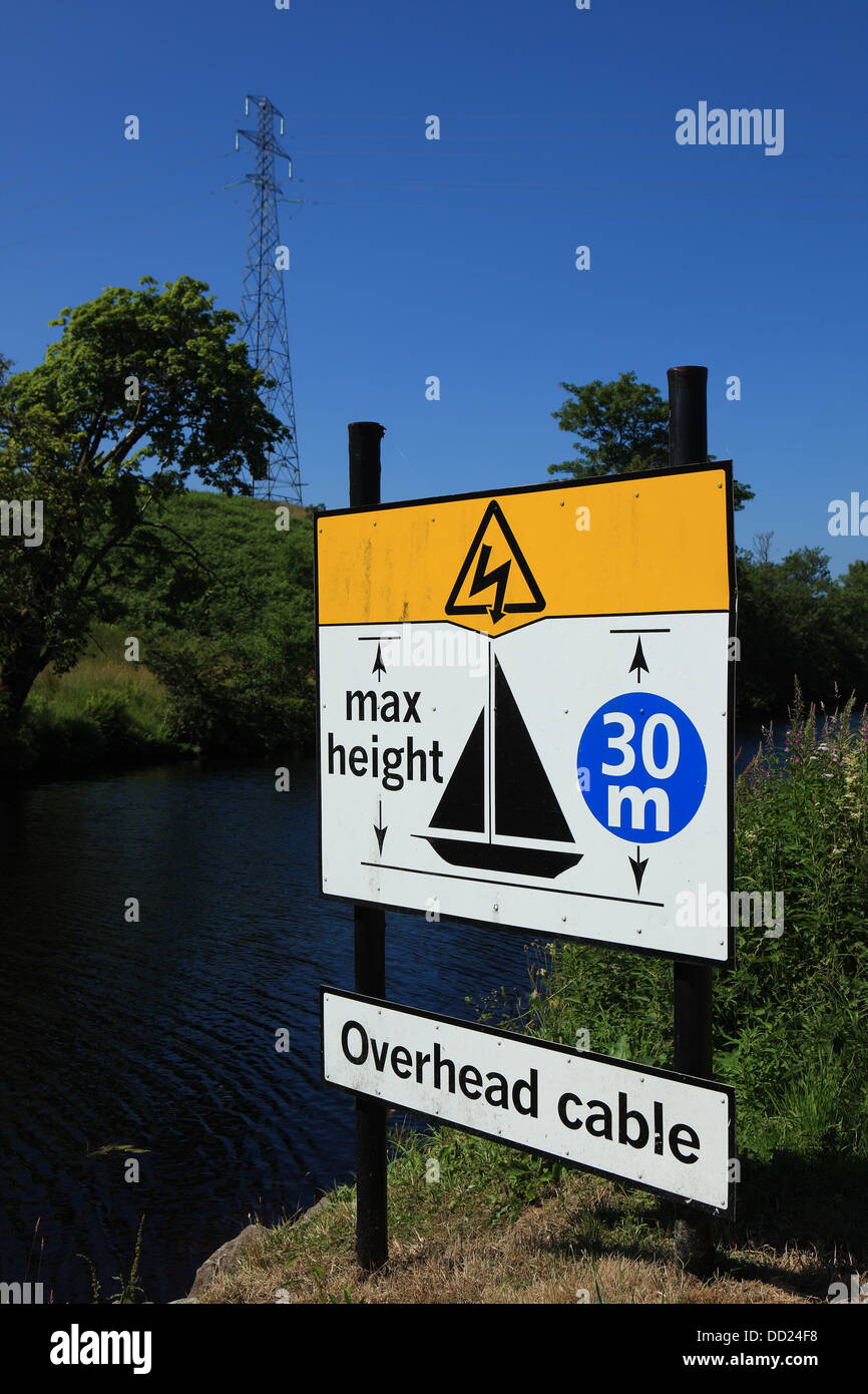 Señal de advertencia para propietarios de yates avisando de los tendidos eléctricos sobre la Crinan Canal en Escocia Foto de stock