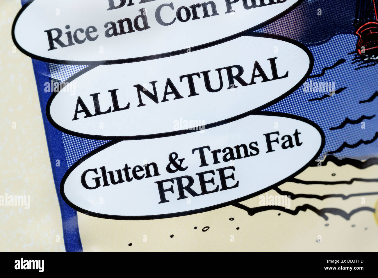 Sin gluten y libre de grasas trans en la etiqueta del paquete de alimentos snack Foto de stock