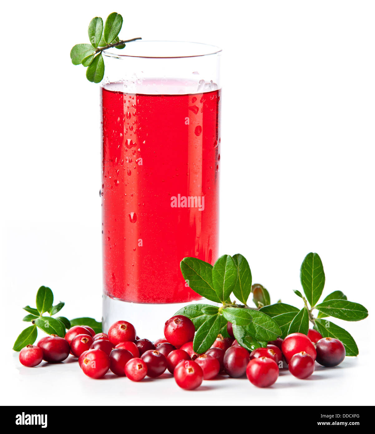 Bebida de frutas con hojas de arándanos rojos sobre fondo blanco. Foto de stock