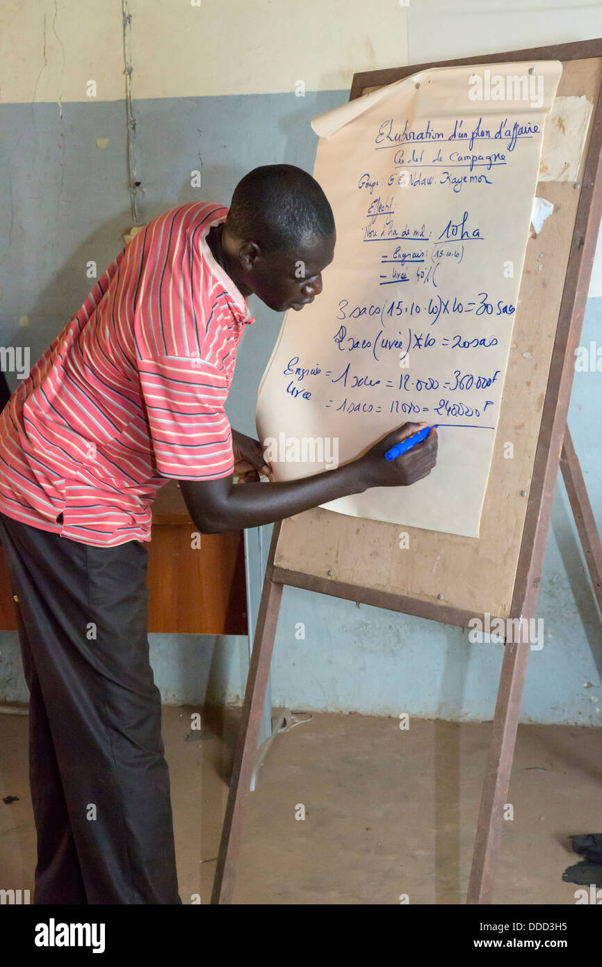 Las microfinanzas. Instructor dar instrucciones de cómo estimar los costos de siembra y fertilización de un cultivo. Kaymor, Senegal Foto de stock