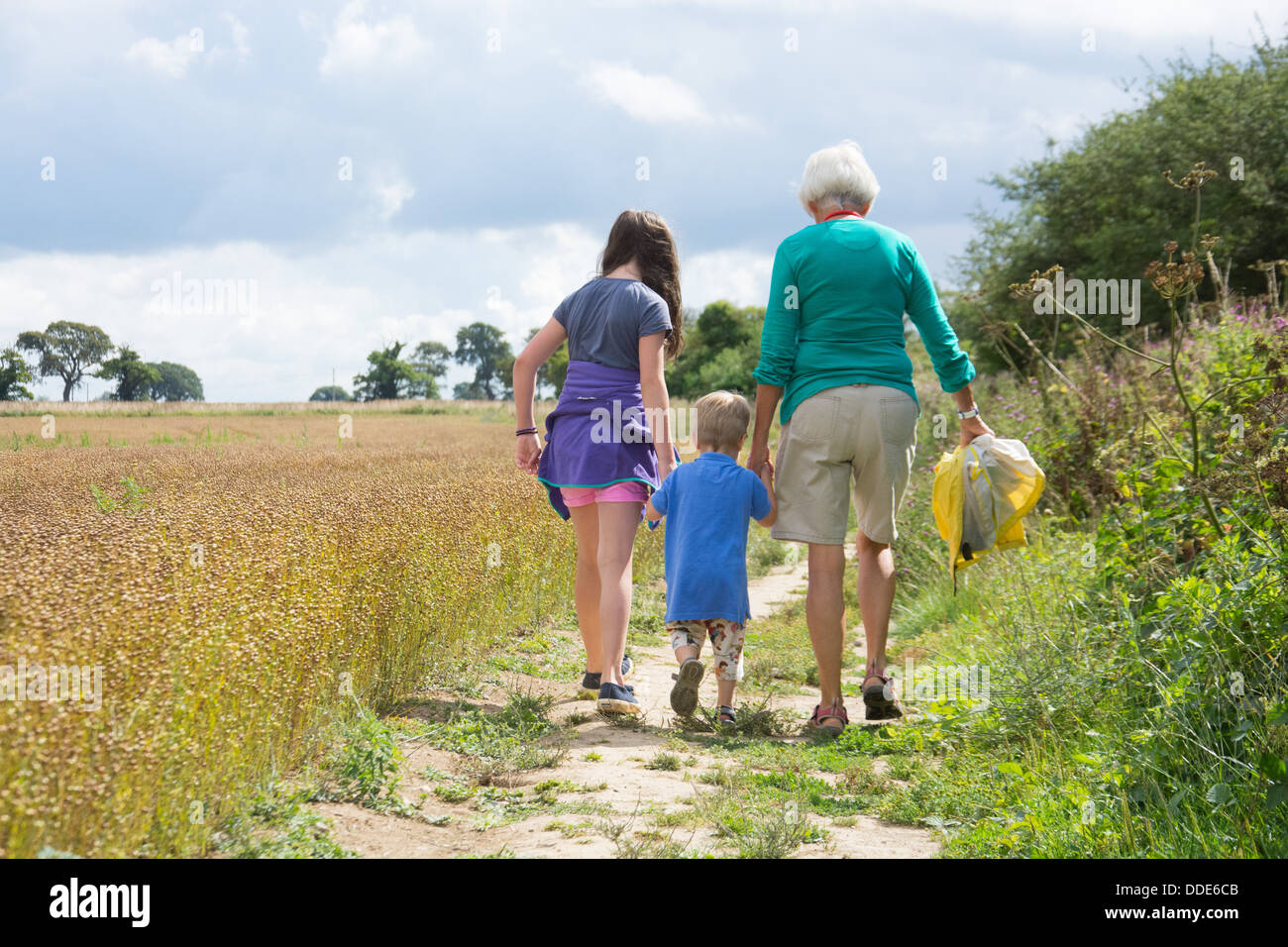Abuela caminar en campo Foto de stock