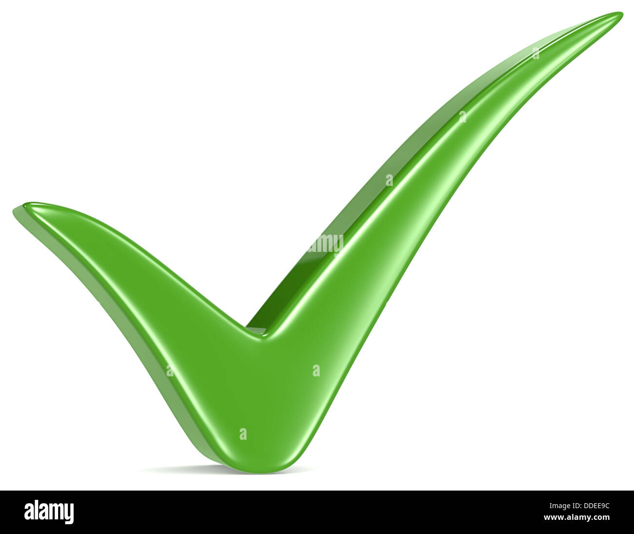 Marca de verificación verde, fondo blanco. Foto de stock