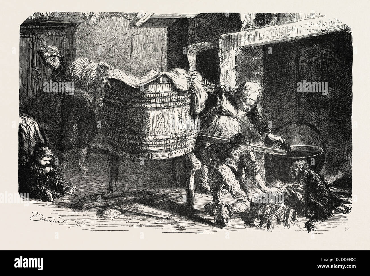Escenas de la vida del país: el servicio de lavandería. Estudios realizados por Damourette 1855 grabado. Foto de stock