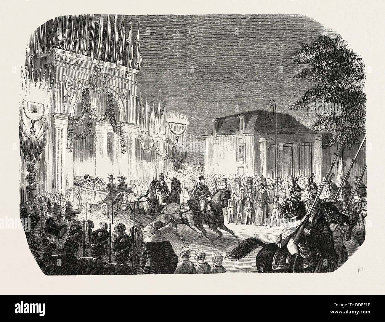 La llegada de la Reina de Inglaterra en el castillo de Saint-Cloud, Francia. 1855 Grabado de la reina Victoria. Foto de stock
