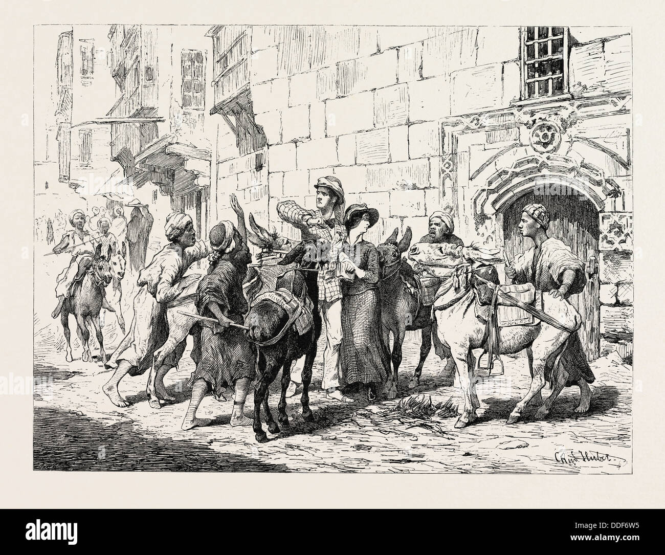 DONKEY-Boys y los extranjeros. Egipto, grabado 1879 Foto de stock