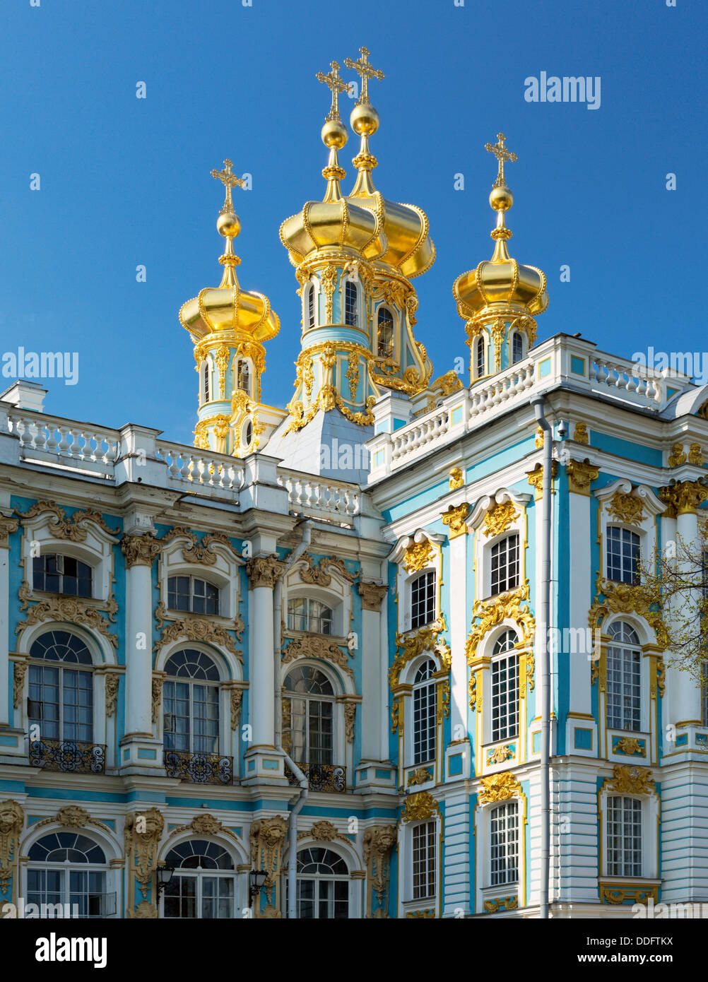 Rusia palacio Catherine edificios de arquitectura de oro San Petersburgo. Viajes lugares estilo barroco lugar famoso blue mansion chur Foto de stock