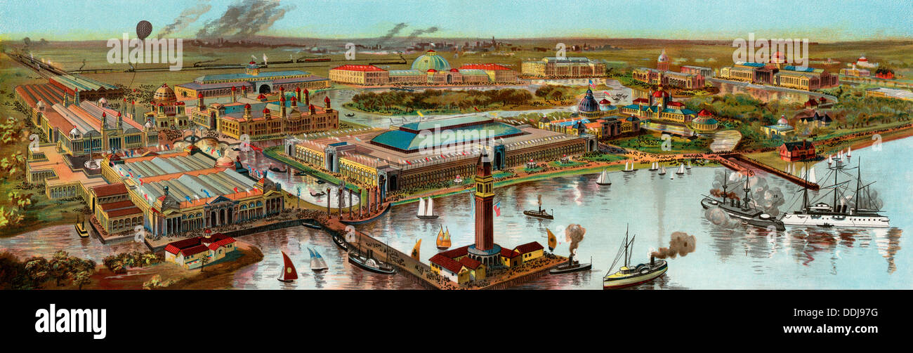 Vista panorámica de la Exposición Colombina en Chicago, 1892. Litografía de color Foto de stock