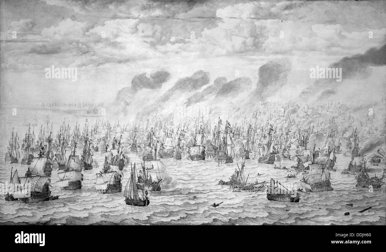 Batalla de TERHEIDE el 10 de agosto de 1653 entre las flotas inglesa y holandesa dibujado por Willem van de Velde el viejo en 1657 Foto de stock
