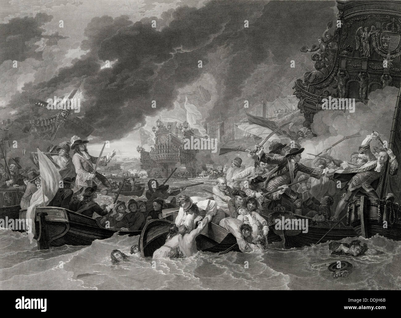 La batalla de la HOGUE Mayo de 1692 entre las flotas combinadas de Inglaterra y la República holandesa versus los Franceses Foto de stock