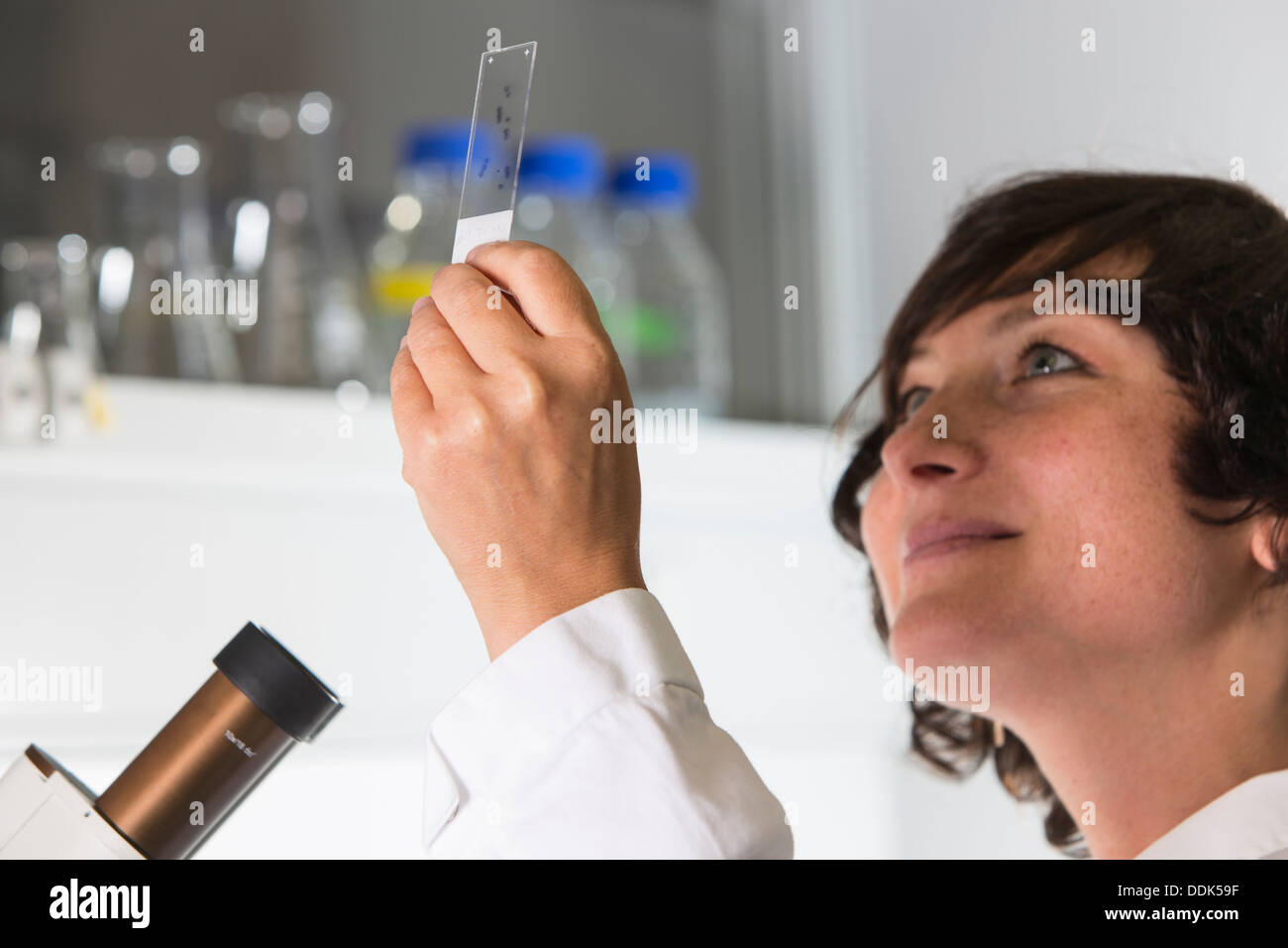 Retrato de mujer científico en el laboratorio con microscopio Foto de stock