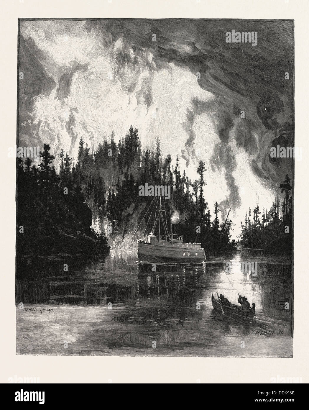 Un incendio por la noche, el Canadá, el grabado del siglo XIX. Foto de stock