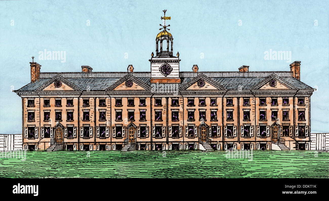 King's College (ahora) de la Universidad de Columbia, Nueva York, 1700. Xilografía coloreada a mano Foto de stock