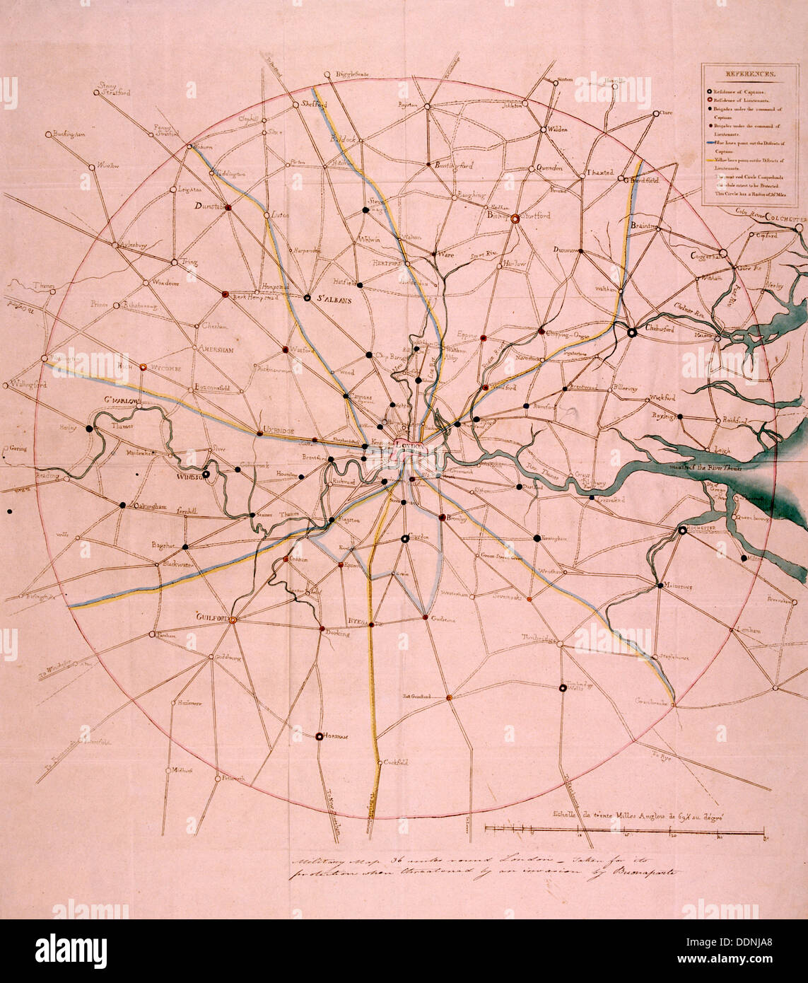 Mapa militar de una zona de 36 millas alrededor de Londres, c1804. Artista: Anon Foto de stock