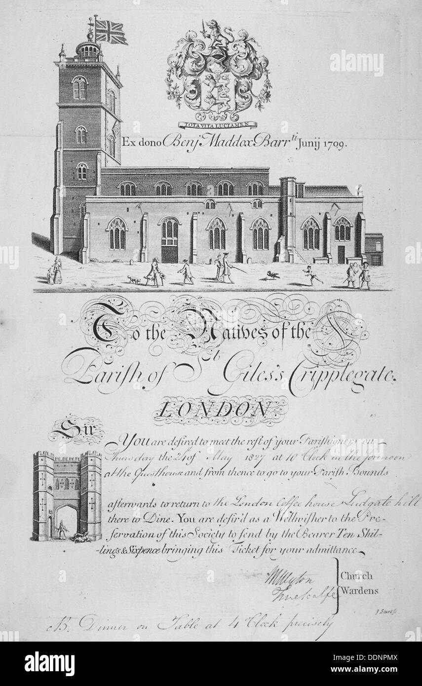 Iglesia de St Giles sin Cripplegate, Ciudad de Londres, 1827. Artista: John Sturt Foto de stock