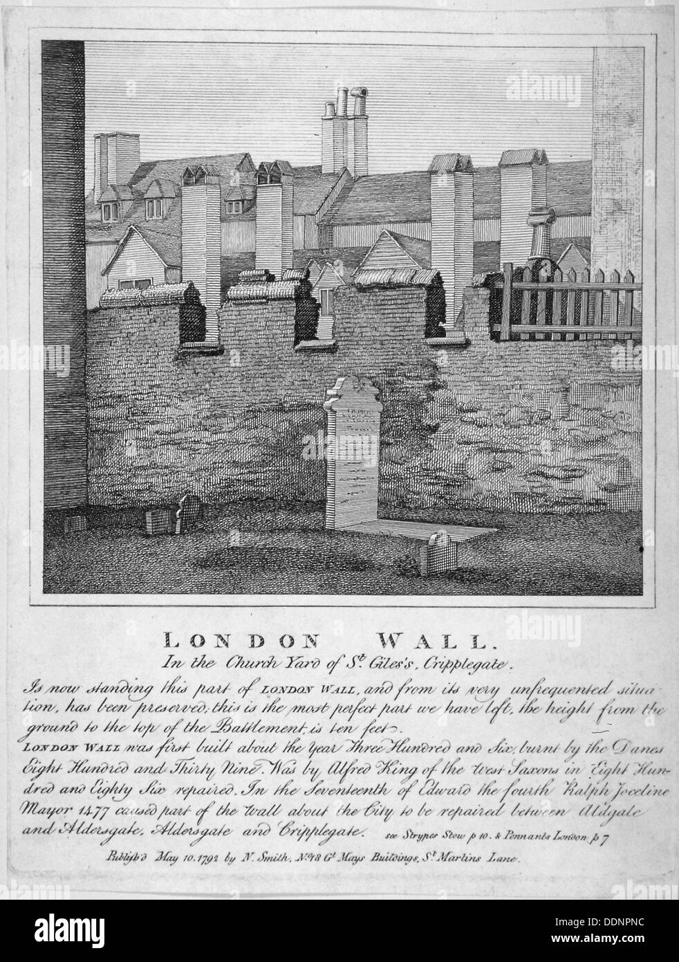 Restos de la muralla de Londres en el cementerio de St Giles sin Cripplegate, Ciudad de Londres, 1792. Artista: Anon Foto de stock