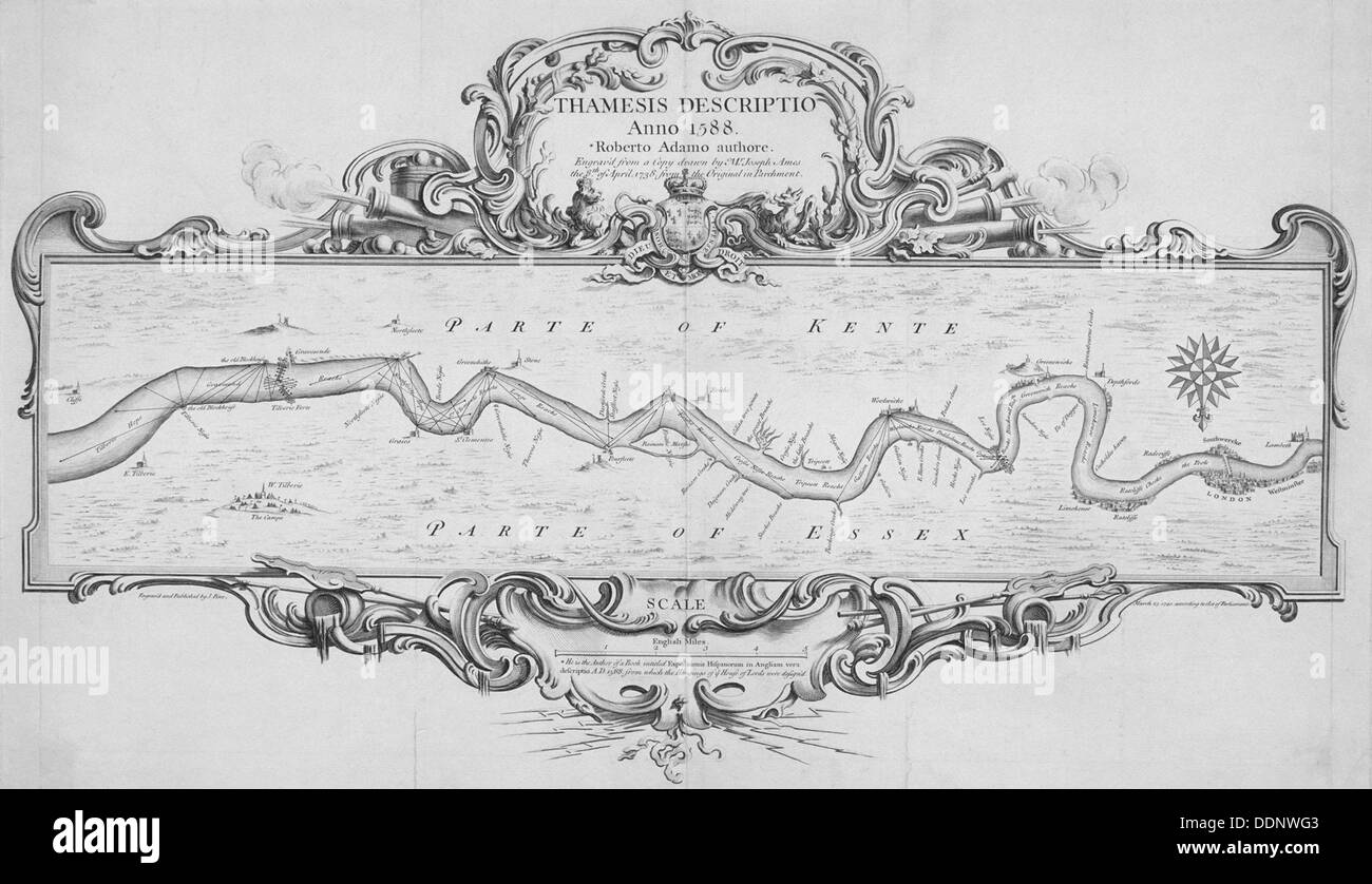 Mapa del Río Támesis desde Tilbury hasta Westminster, pasando a través de Kent y Essex, 1740. Artista: Anon Foto de stock