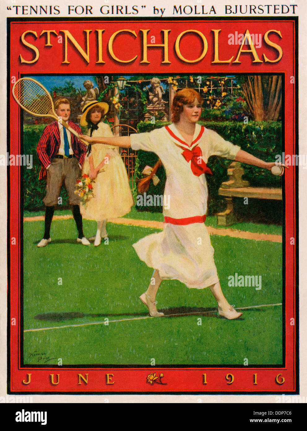 Joven Jugador de tenis en la portada de la revista de San Nicolás, 1916. Litografía de color Foto de stock