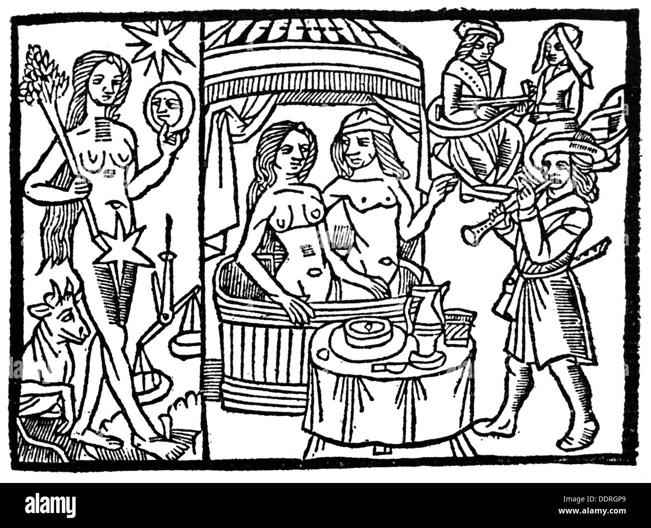 Gente, prostitución, pareja en el baño, esposa del casco smith instruye a  una prostituta, madera cortada a una balada, siglo 14, Edad Media, casa de  baños, casas de baños, músico, músicos, flauta,