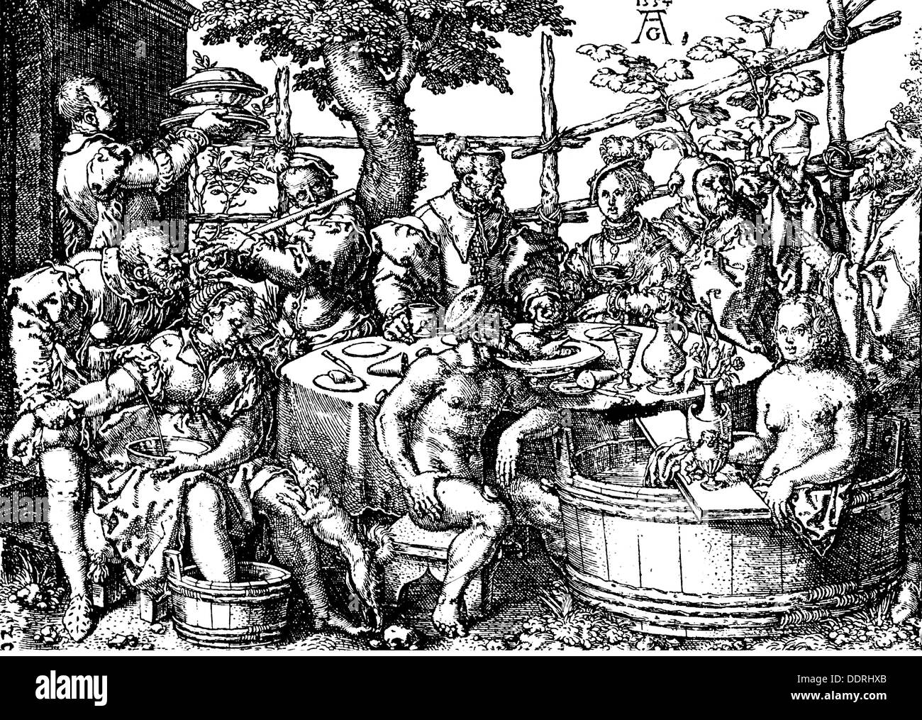 La medicina, el tratamiento, la sangría / venesection, bloodleeting, sudoración, catación y bañarse, grabado en cobre por Heinrich Aldegrever (1502 - 1555 / 1561), a partir de: '6 res non naturales', 1554, Copyright del artista no ha de ser borrado Foto de stock