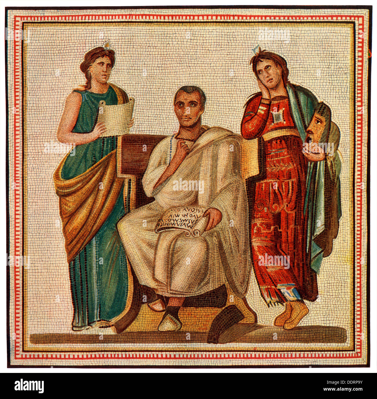 Virgilio con las diosas Clio, musa de la historia, y Melpomene, musa de la tragedia. Semitono de color, reproducción de un mosaico Foto de stock