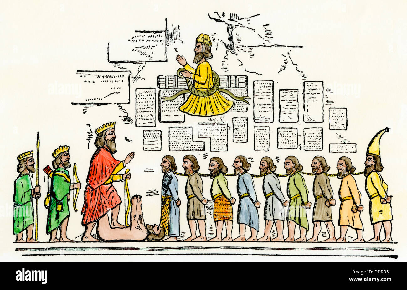 Darío el Grande de Persia conquistando rebeldes. Xilografía coloreada a mano Foto de stock