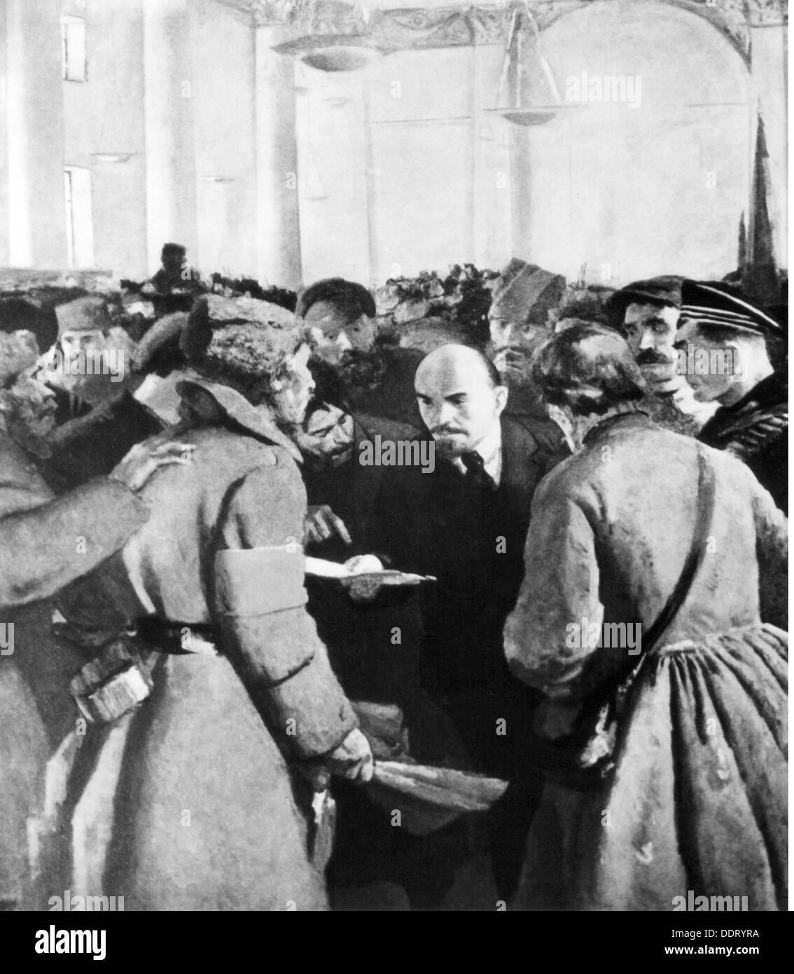 Lenin (Vladimir Ilyich Ulyanov), 22.4.1870 - 21.1.1924, político ruso, en manifestación con soldados revolucionarios, después de pintar por Sergei Vasilyevich Gerasimov (1885 - 1964), detalle, siglo 20, Foto de stock