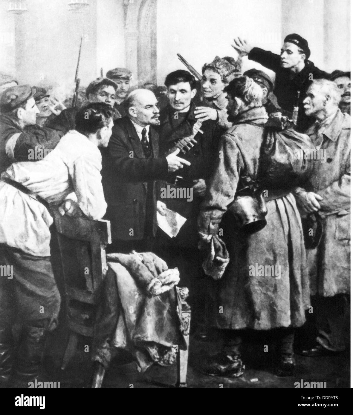 Lenin (Vladimir Ilyich Ulyanov), 22.4.1870 - 21.1.1924, político ruso, en el Instituto Smolny con soldados revolucionarios, después de pintar por Vladimir Alexandrovich Serov (1910 - 1968), detalle, siglo 20, Foto de stock