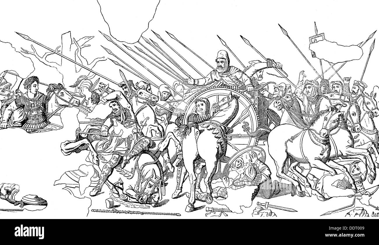 Guerras de Alejandro Magno 334 - 324 BC, Batalla de Issus, Noviembre 333 AC, victoria de Alejandro sobre el Gran Rey Darius III, grabado en madera, siglo 19, después de mosaico, Pompeya, alrededor de 50 DC, Derechos adicionales-Clearencias-no disponible Foto de stock