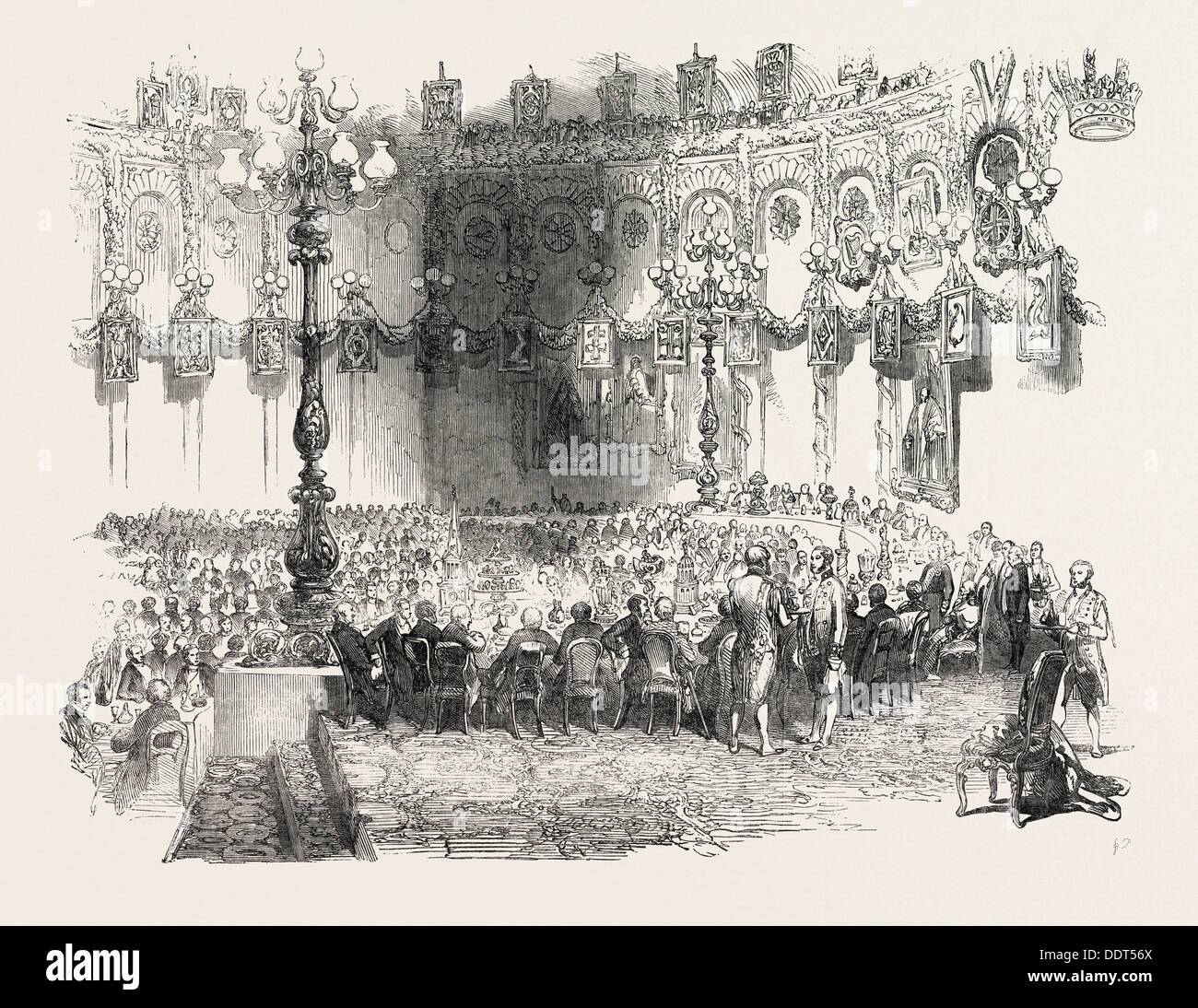 El banquete EN LA SALA DEL REY, Mansion House Dublin, Irlanda, 1851 grabado Foto de stock